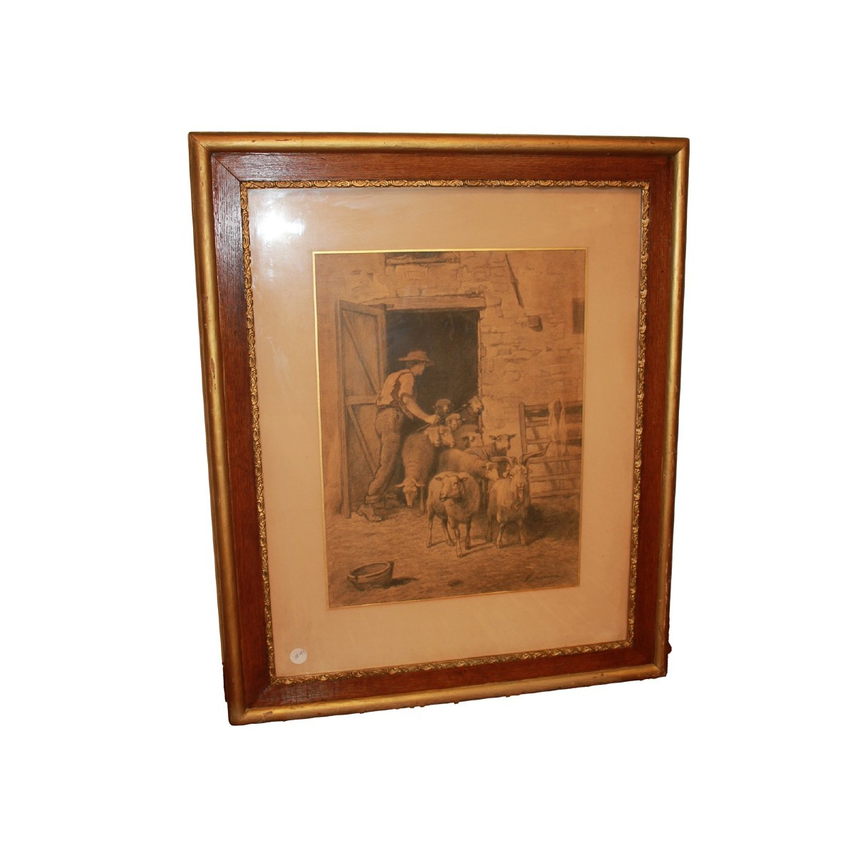 Pastello Francese del 1800 Raffigurante Scena Di Vita campestre Pastore con Gregge