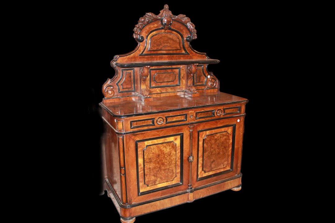 Credenza piattaia francese di metà 1800, stile Luigi Filippo, in legno di noce fiammato-photo-2