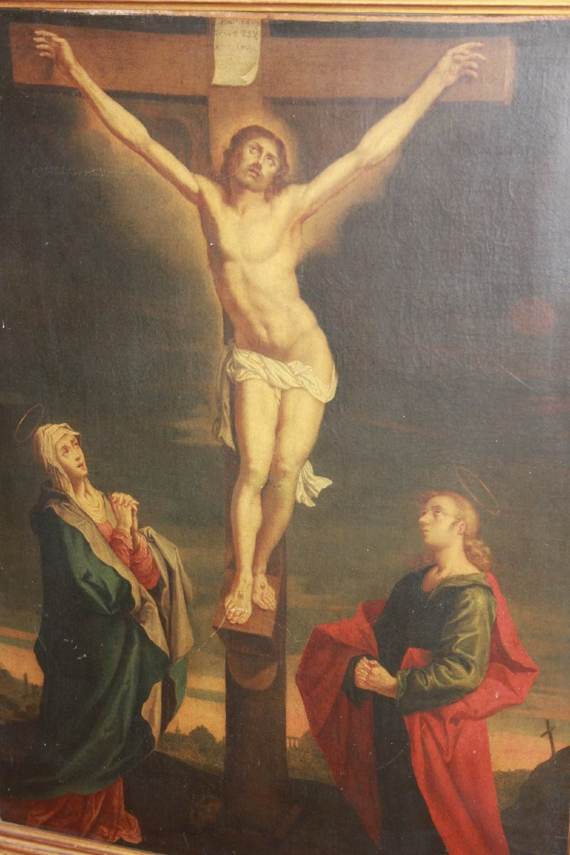 Olio su tela francese della seconda metà 1700 raffigurante Crocifissione di Gesù Cristo -photo-2