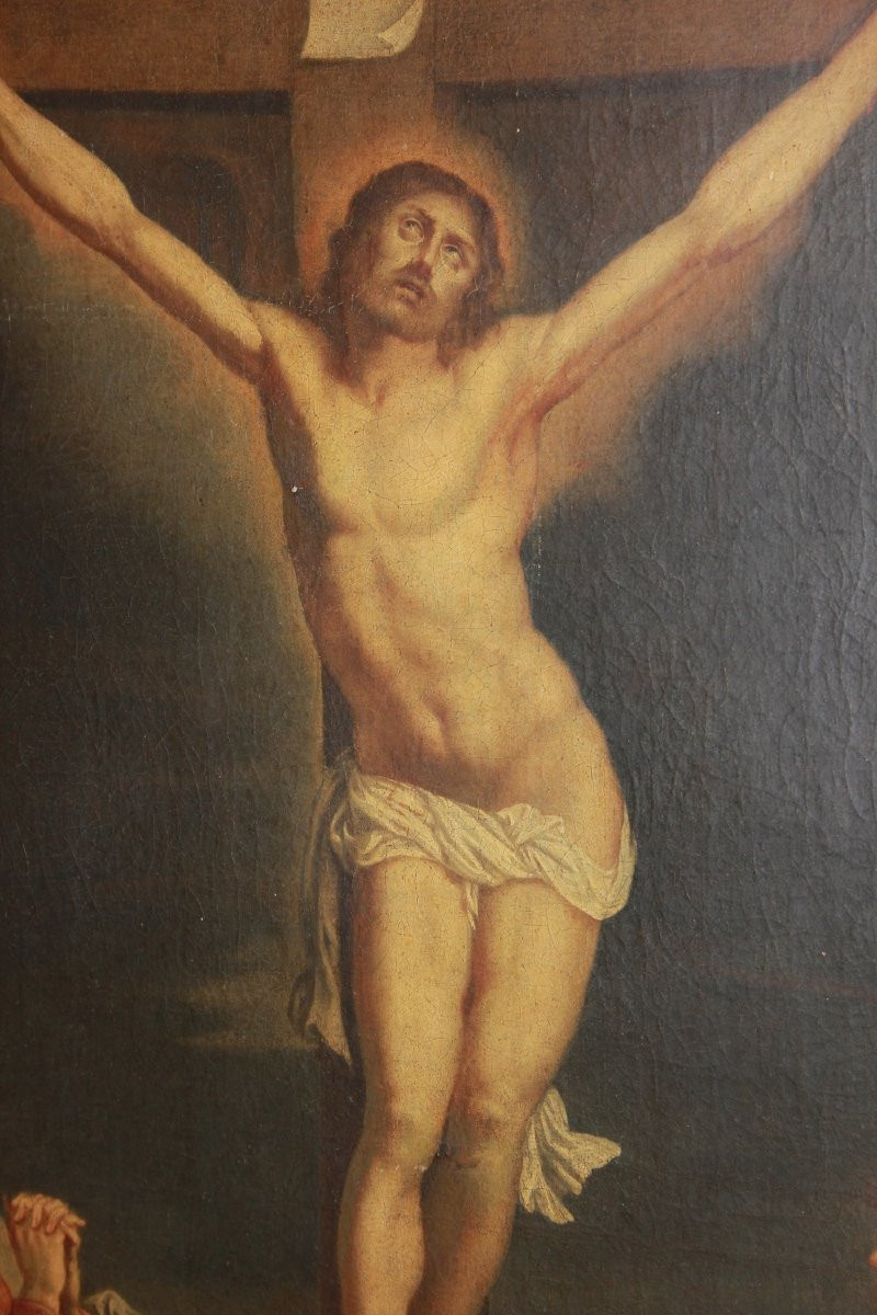 Olio su tela francese della seconda metà 1700 raffigurante Crocifissione di Gesù Cristo -photo-3
