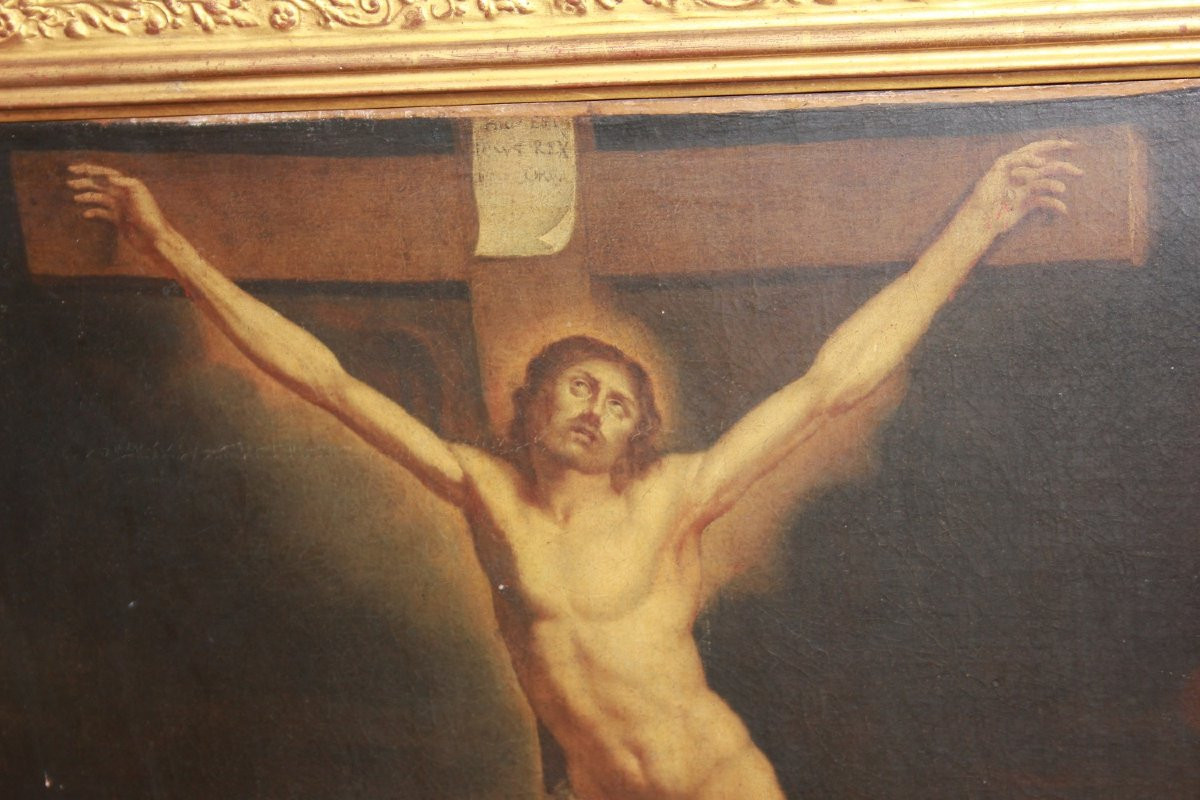 Olio su tela francese della seconda metà 1700 raffigurante Crocifissione di Gesù Cristo -photo-4