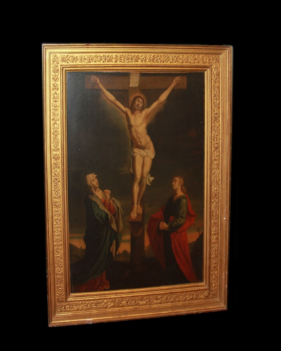 Olio su tela francese della seconda metà 1700 raffigurante Crocifissione di Gesù Cristo 