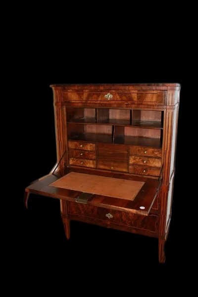Bellissimo secretaire francese di fine 1700, stile Luigi XVI, in legno di noce fiammato-photo-1