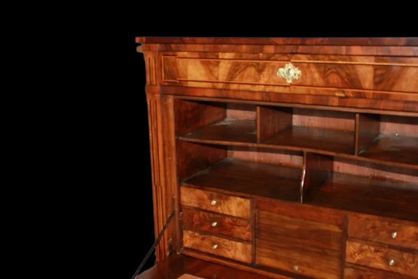 Bellissimo secretaire francese di fine 1700, stile Luigi XVI, in legno di noce fiammato-photo-3