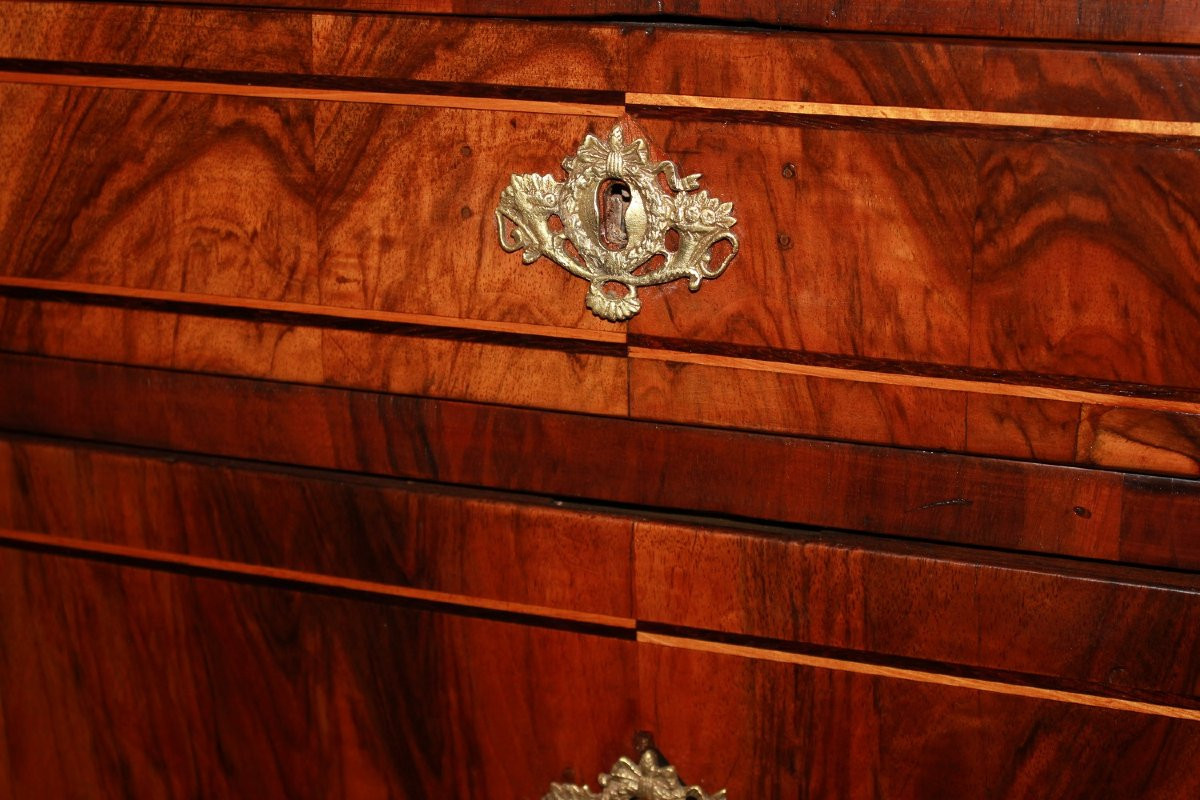 Bellissimo secretaire francese di fine 1700, stile Luigi XVI, in legno di noce fiammato-photo-5