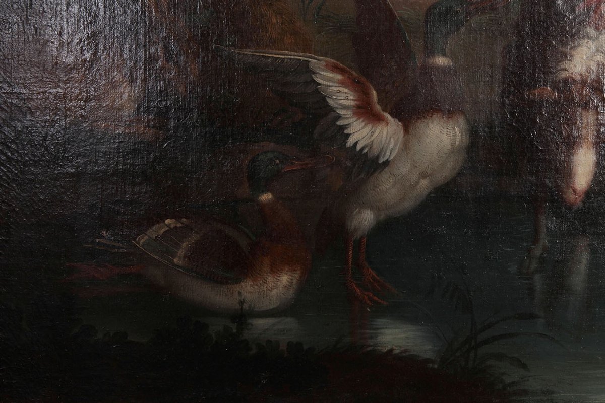 Olio su tela che raffigura paesaggio lacustre con animali e fanciullo o putto-photo-3