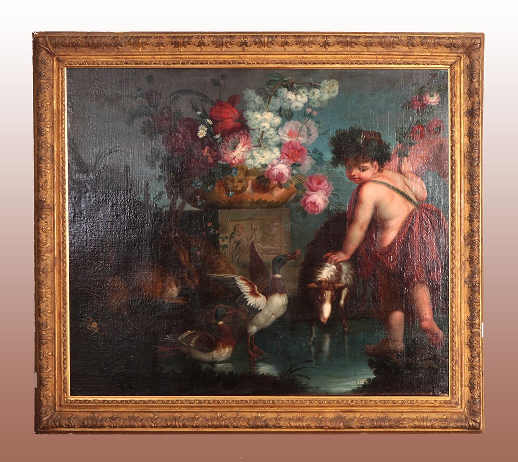 Olio su tela che raffigura paesaggio lacustre con animali e fanciullo o putto
