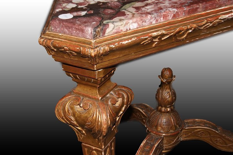 Tavolino da salotto triangolare francese di metà 1800 stile Luigi XIV in legno dorato-photo-4