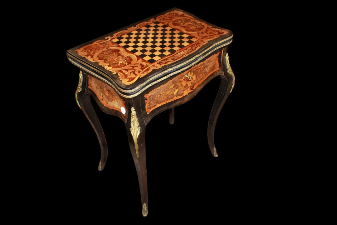 Bellissimo tavolino da gioco francese della seconda metà del 1800, stile Luigi XV, in legno-photo-2