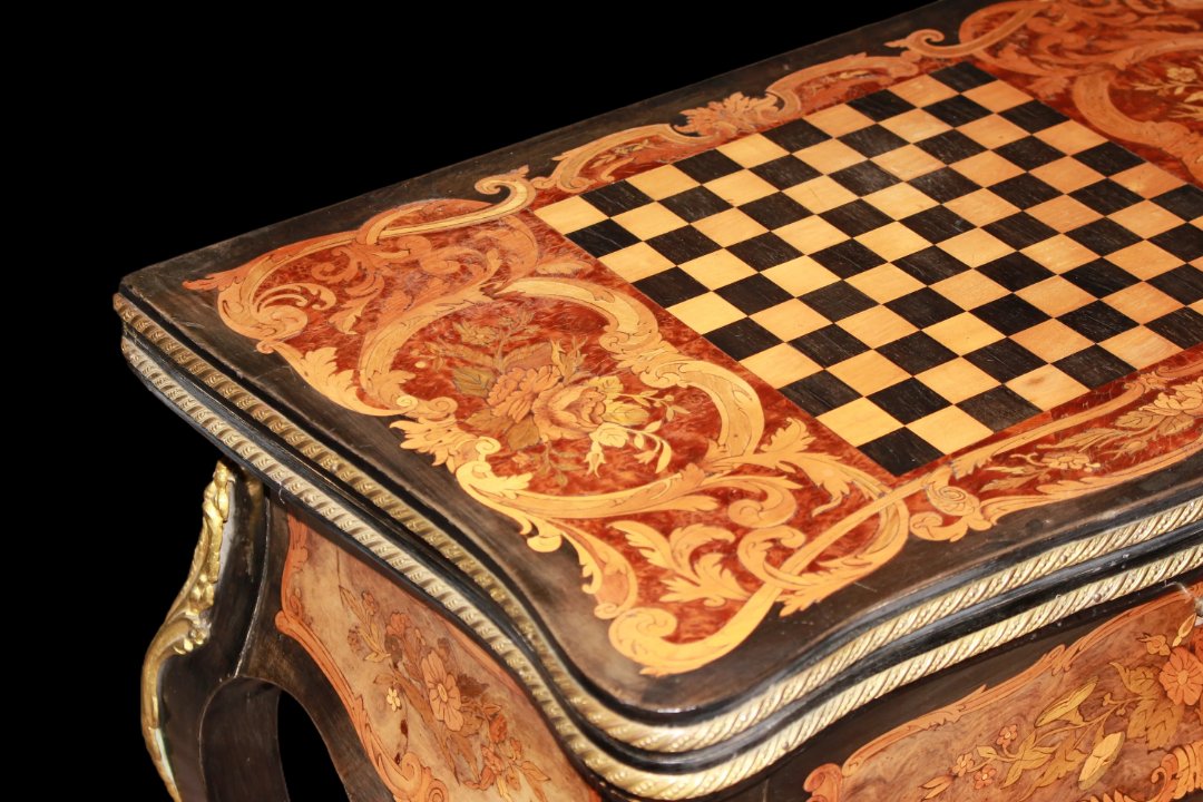 Bellissimo tavolino da gioco francese della seconda metà del 1800, stile Luigi XV, in legno-photo-3