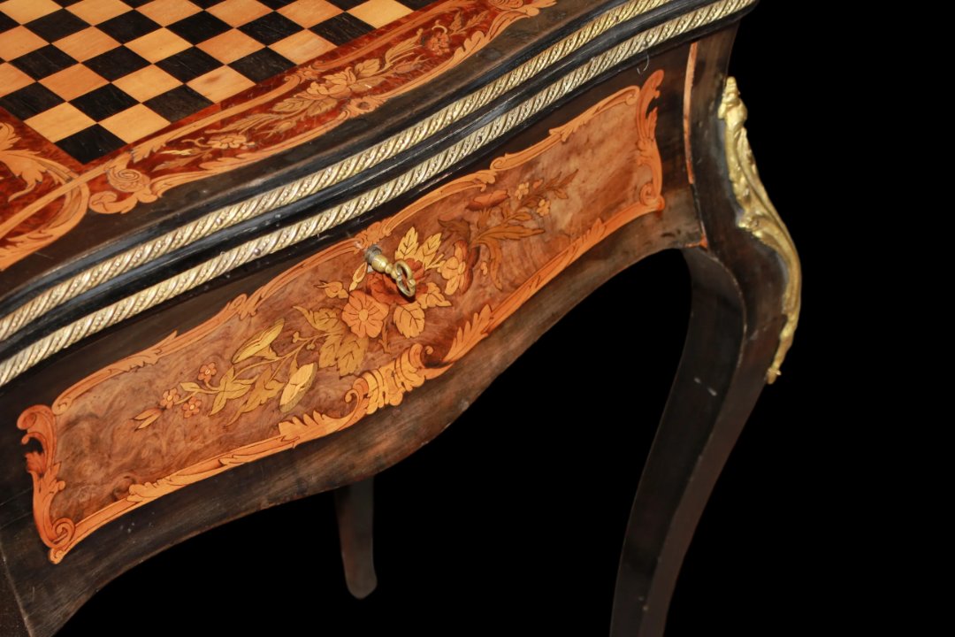 Bellissimo tavolino da gioco francese della seconda metà del 1800, stile Luigi XV, in legno-photo-4