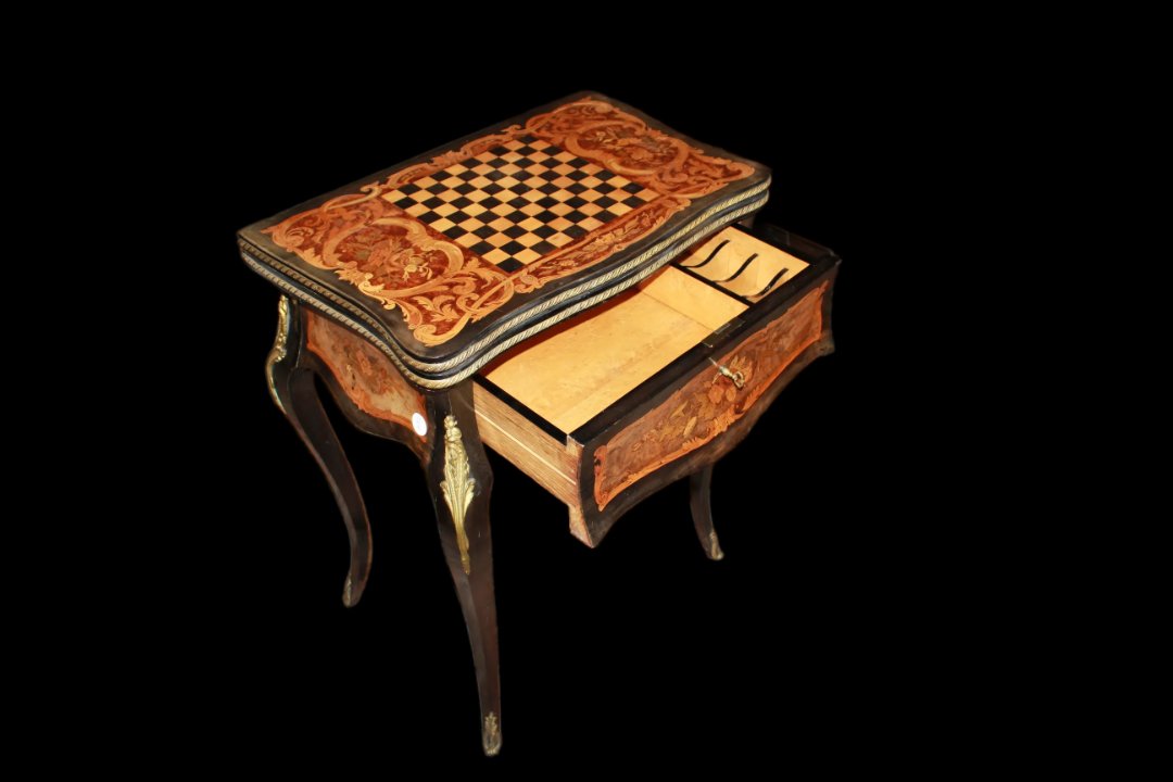 Bellissimo tavolino da gioco francese della seconda metà del 1800, stile Luigi XV, in legno-photo-1