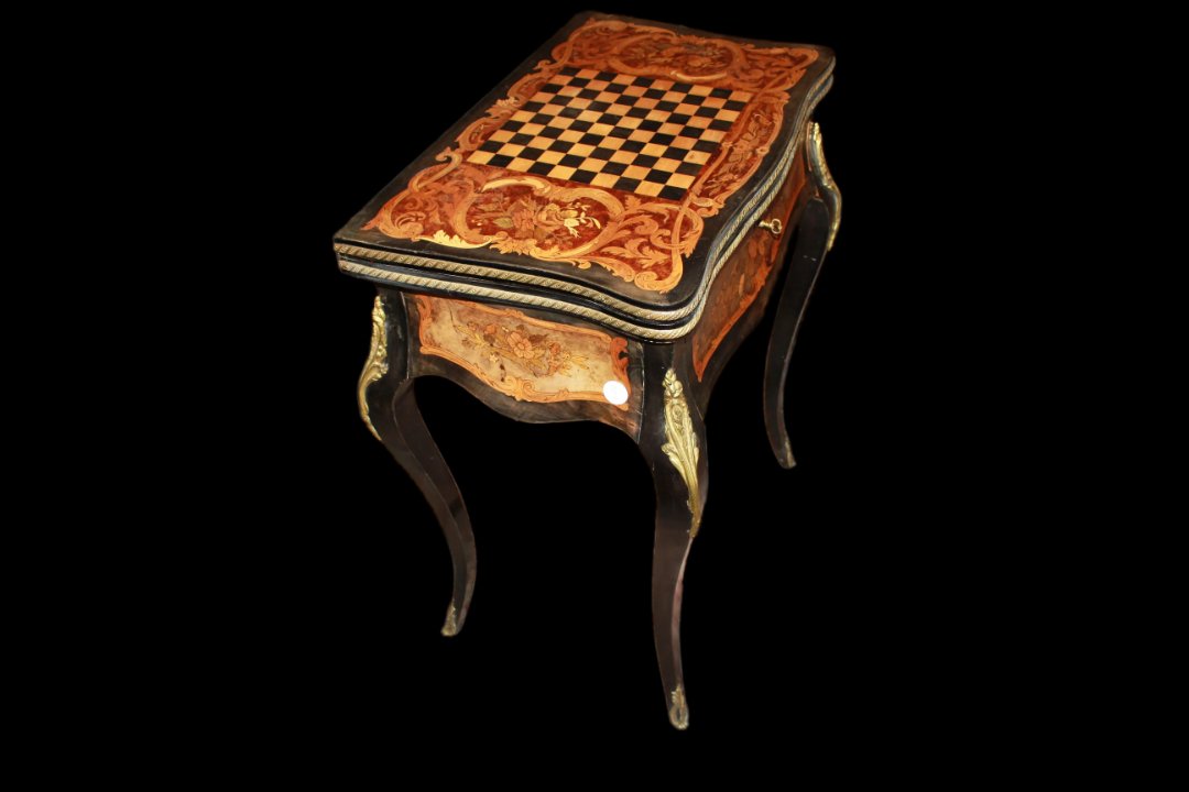 Bellissimo tavolino da gioco francese della seconda metà del 1800, stile Luigi XV, in legno-photo-3
