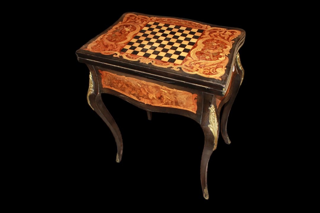 Bellissimo tavolino da gioco francese della seconda metà del 1800, stile Luigi XV, in legno-photo-4