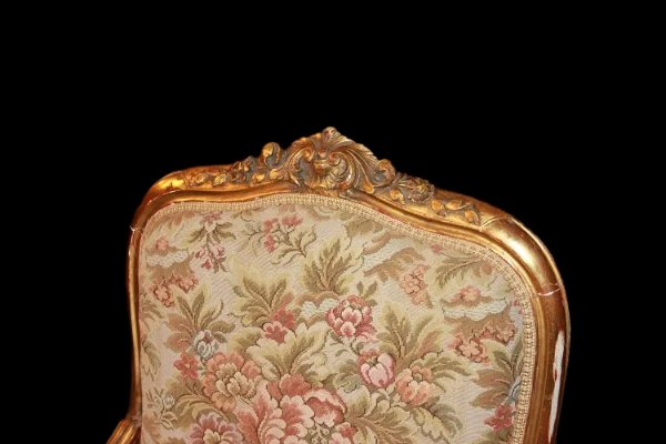 Salotto francese di metà 1800, stile Luigi XV, in legno dorato foglia oro-photo-4