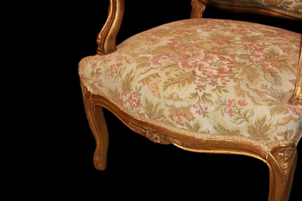 Salotto francese di metà 1800, stile Luigi XV, in legno dorato foglia oro-photo-1