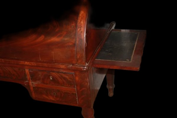 Grande scrivania francese di metà 1800, stile Direttorio, in legno di mogano e piuma di mogano.-photo-4