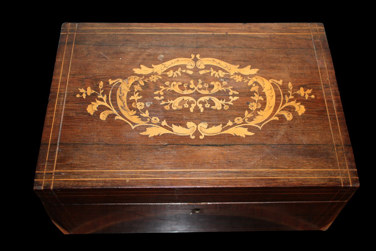 Scatola in palissandro intarsiata stile Carlo X del 1800 francese-photo-2