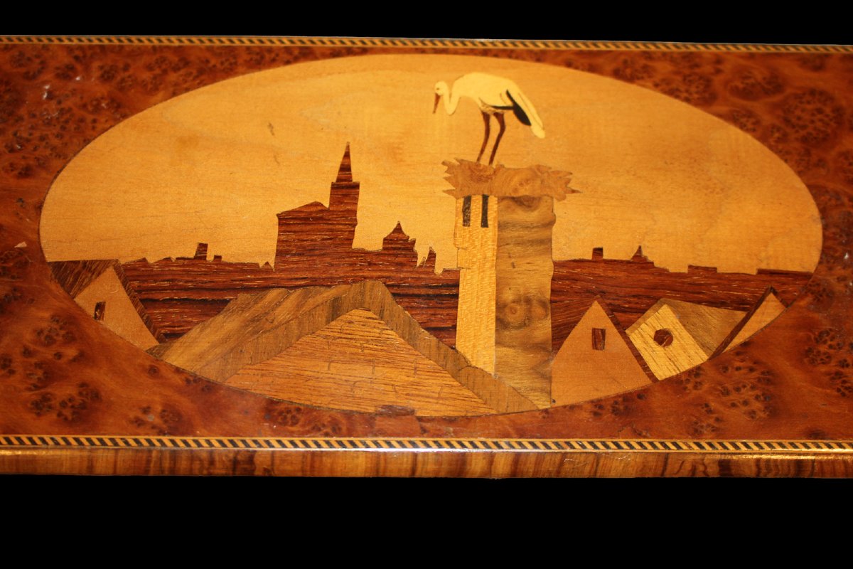 Scatola in radica di olmo intarsiata - XX secolo-photo-2