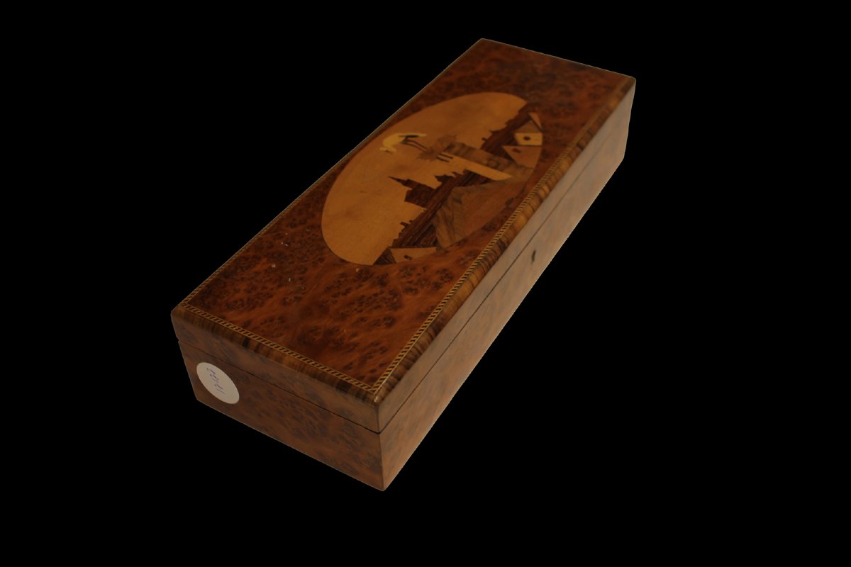 Scatola in radica di olmo intarsiata - XX secolo-photo-4