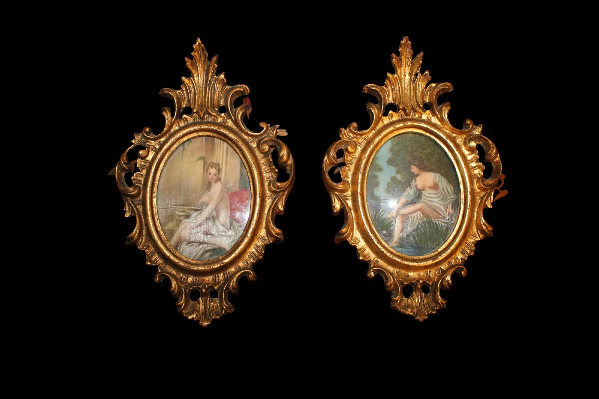 Coppia piccoli quadretti in cornice dorata - XX secolo