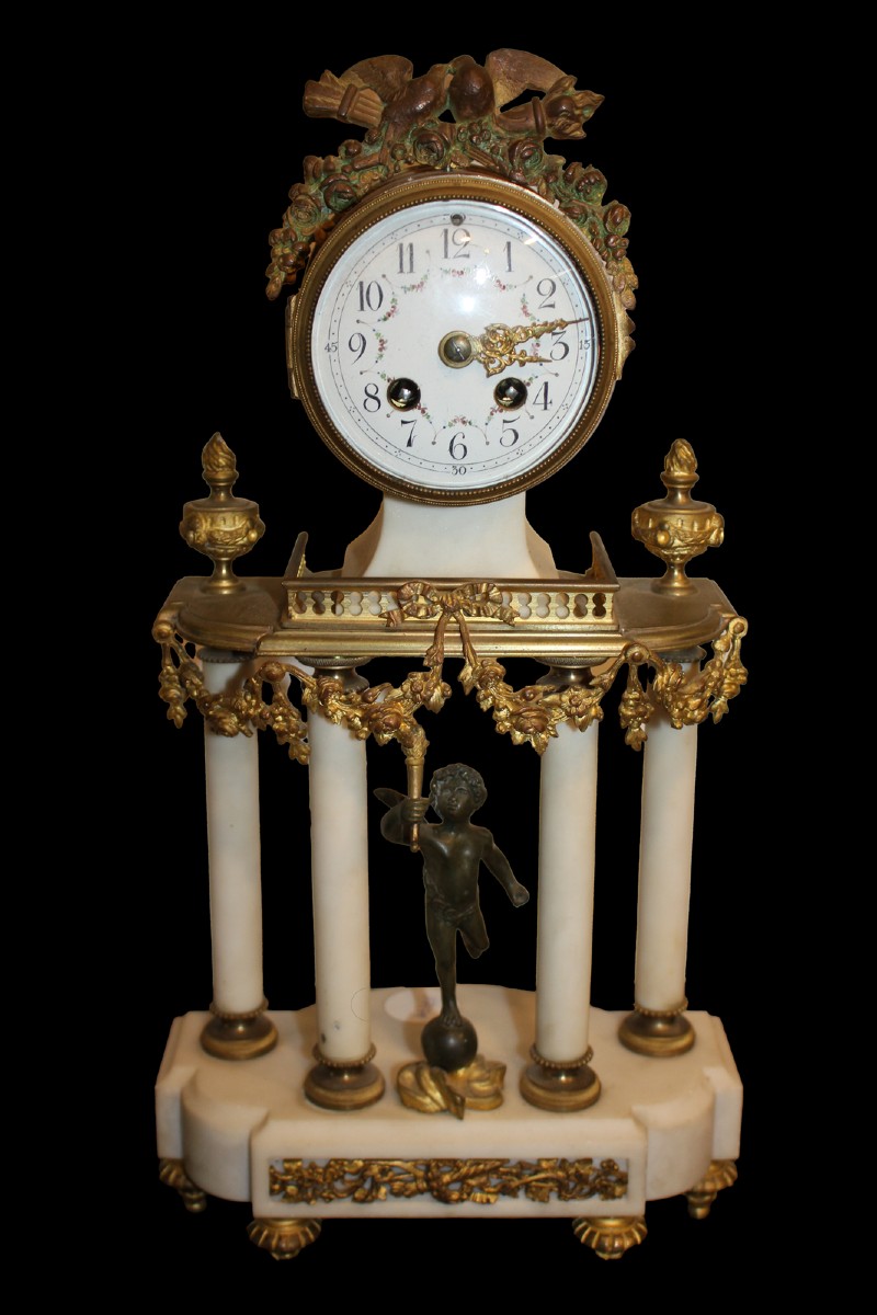 Orologio da camino in marmo e bronzo dorato, Francia, fine XIX secolo