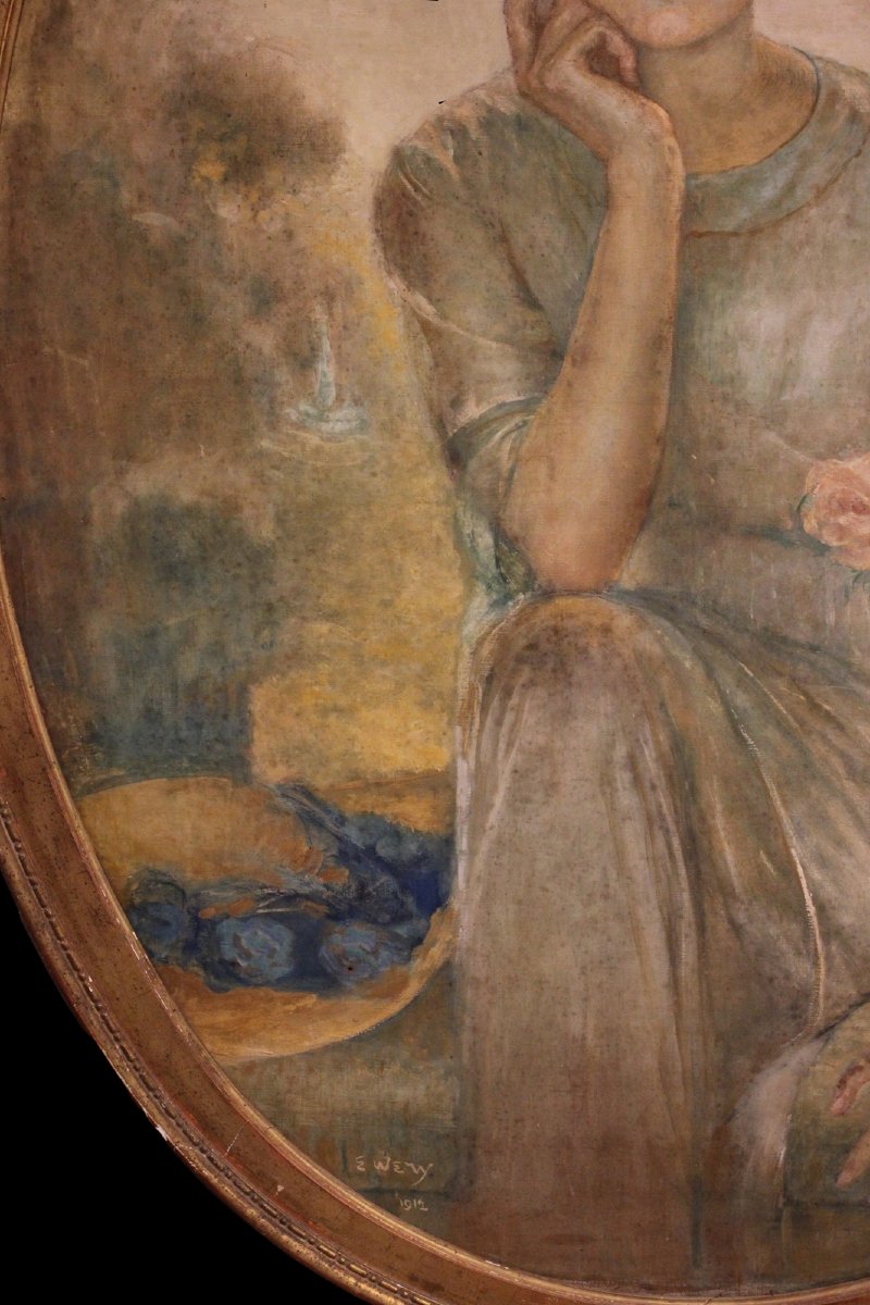 Olio su tela ritratto fanciulla in stile Liberty - XX secolo-photo-4