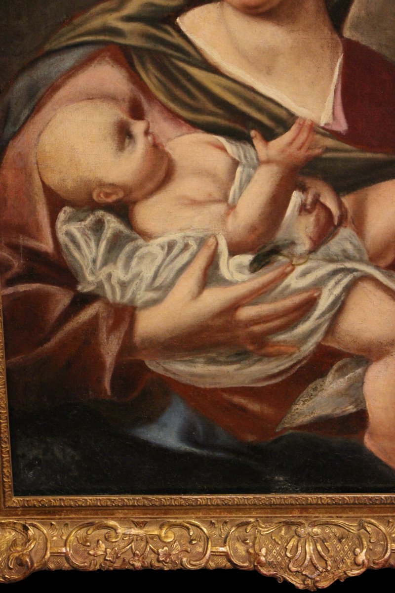 Olio su tela Raffigurante Madonna con Bambino Francese del 1800-photo-3