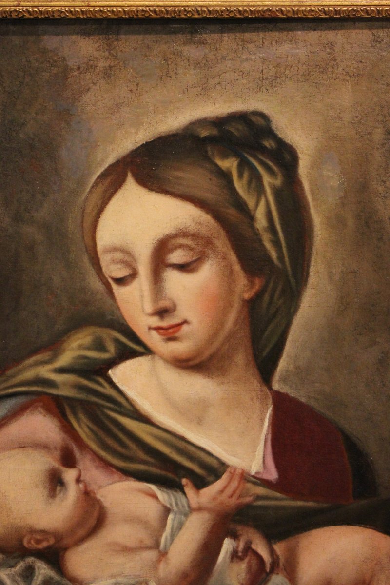 Olio su tela Raffigurante Madonna con Bambino Francese del 1800-photo-4