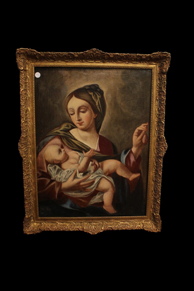 Olio su tela Raffigurante Madonna con Bambino Francese del 1800