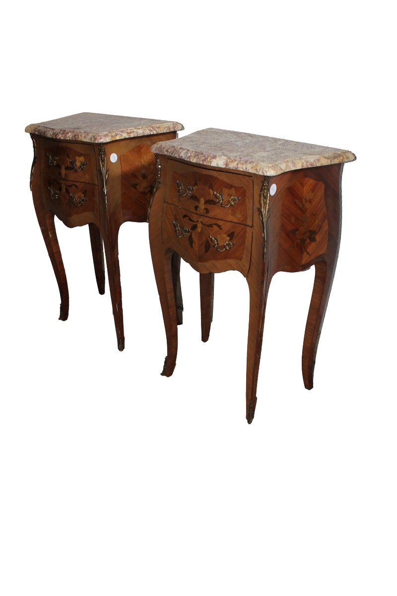 Coppia di Comodini Francesi del XIX secolo Stile Luigi XV con Pianetto in Marmo-photo-2