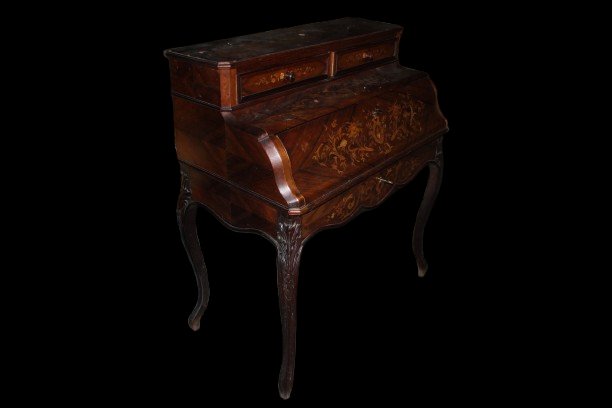 Scrittoio con Ribalta del 1800 Francese Riccamente Intarsiato-photo-4