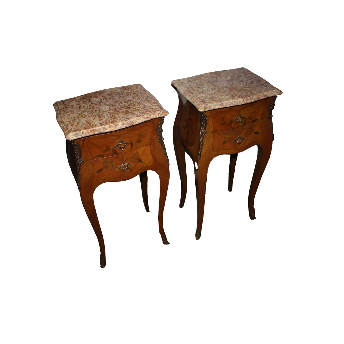 Coppia di comodini francesi stile Luigi XV intarsiati e con piano in marmo