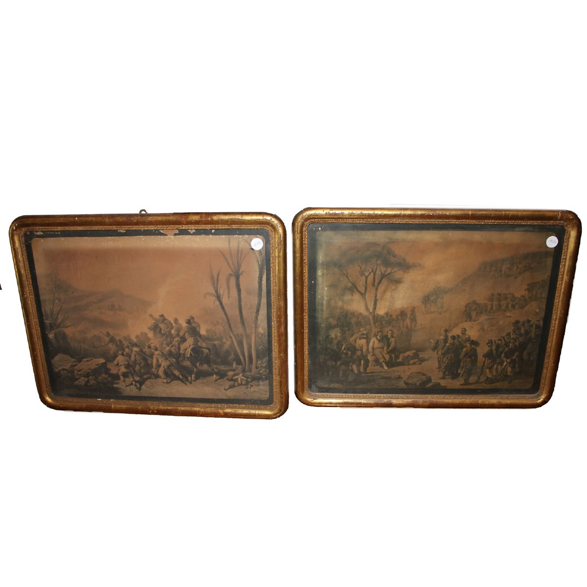 Coppia di incisioni italiane tra fine ’700 e inizio ’800 – Scene di battaglia con cornici dorat