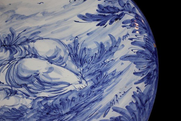 Piatto italiano in ceramica blu e bianco – Inizio ’900, scena con putto e dama con lira-photo-3
