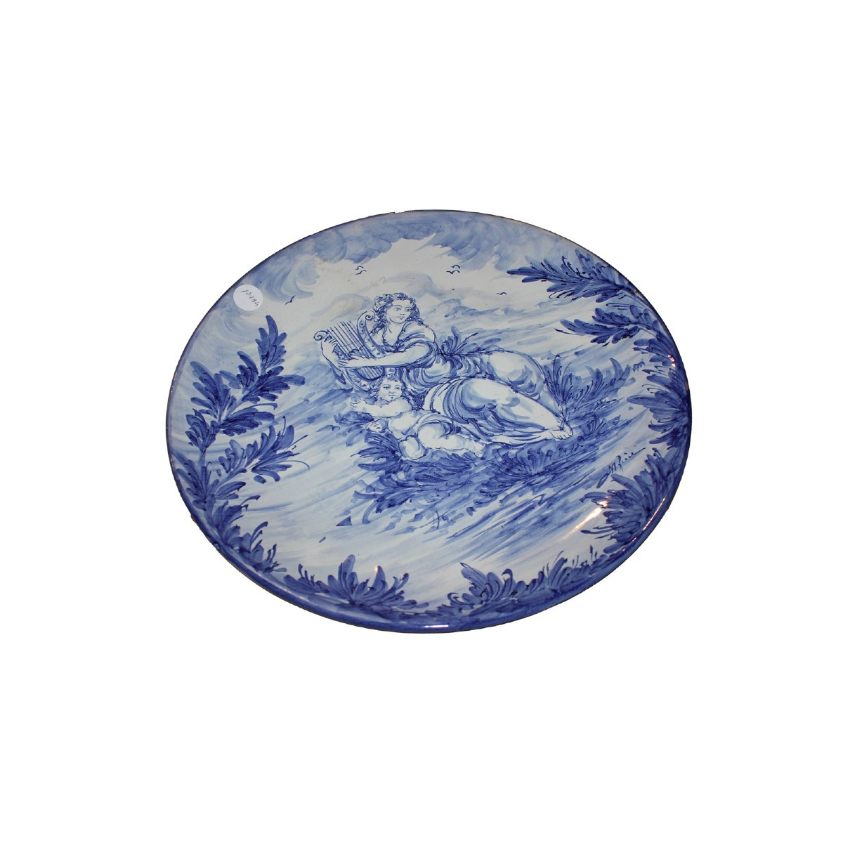 Piatto italiano in ceramica blu e bianco – Inizio ’900, scena con putto e dama con lira