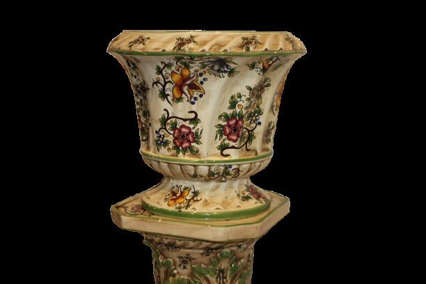 Coppia di colonne in maiolica dipinta smaltata inizio XX secolo-photo-2