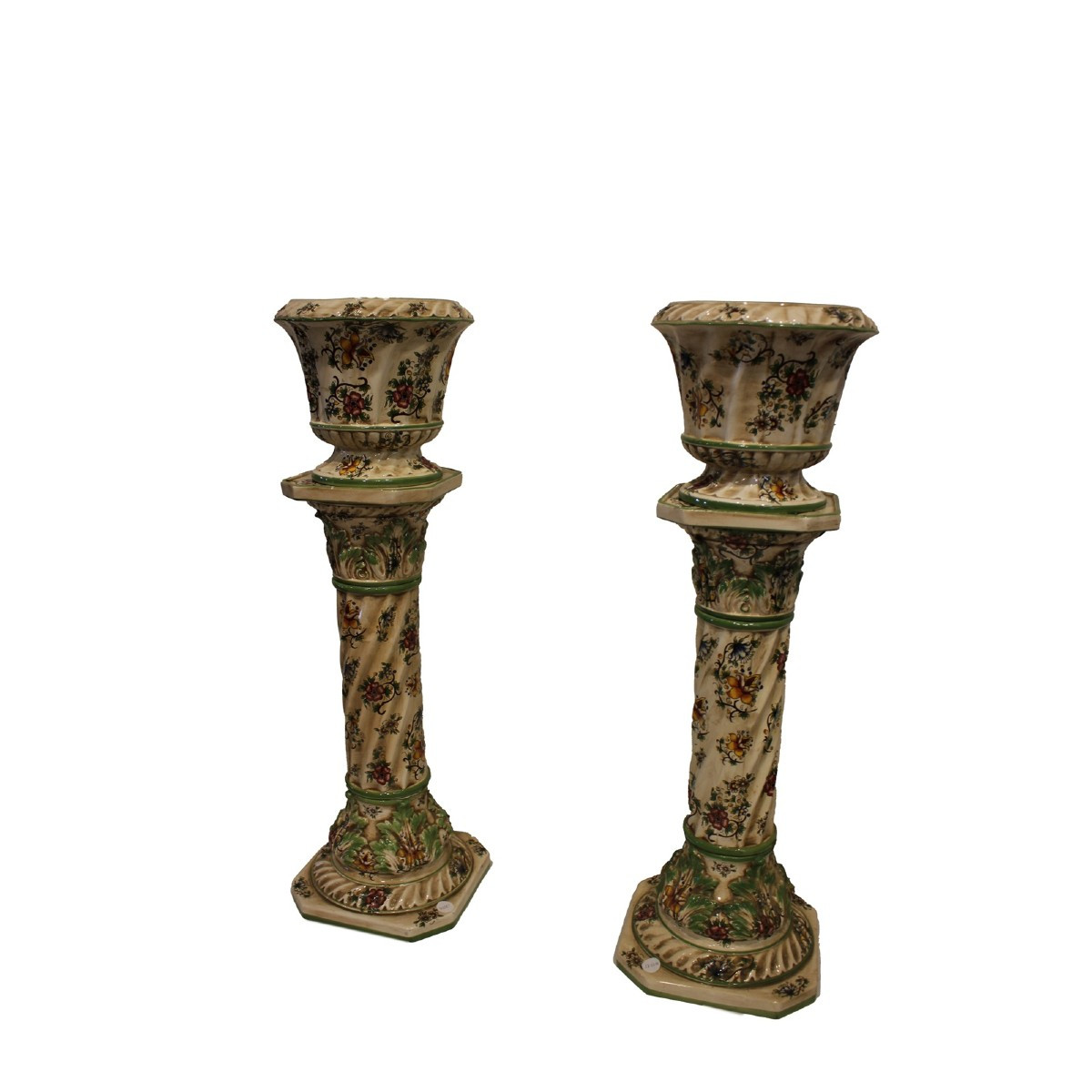 Coppia di colonne in maiolica dipinta smaltata inizio XX secolo