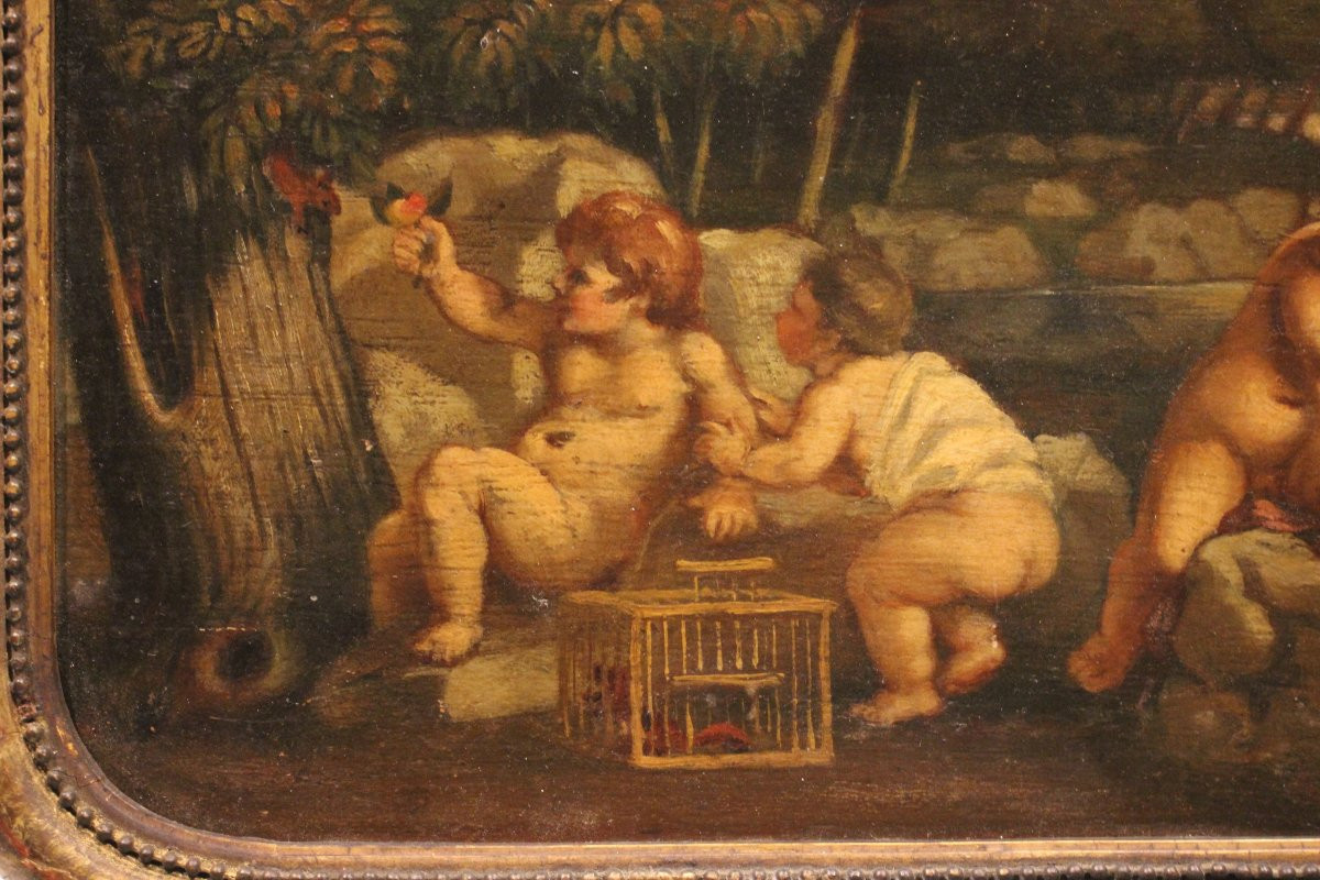 Coppia di oli su tavoletta raffiguranti putti con animali – Inizio 1700-photo-3