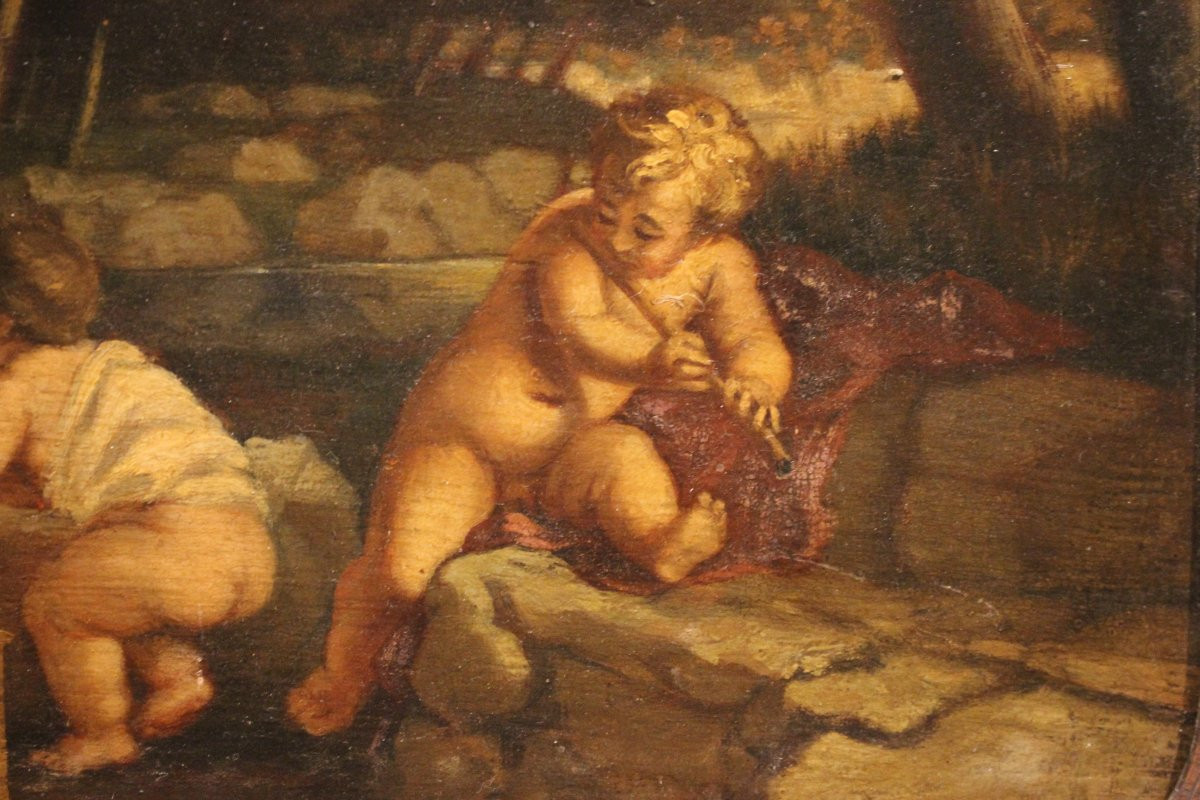 Coppia di oli su tavoletta raffiguranti putti con animali – Inizio 1700-photo-1