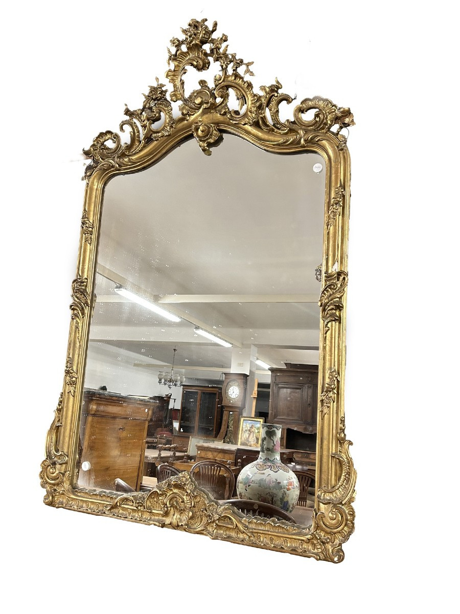 Specchiera Francese Stile Luigi XV Dorata con Ricca Cimasa
