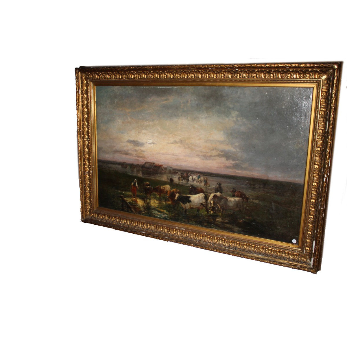 Grande Olio su Tela Francese XIX secolo Raffigurante Pascolo