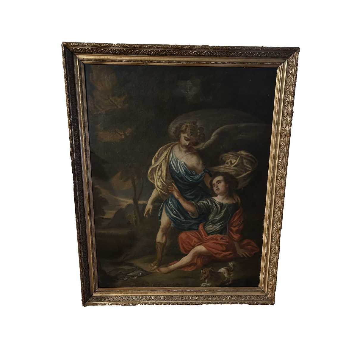 Olio Su Tela Francese del '600 Raffigurante Angelo Custode