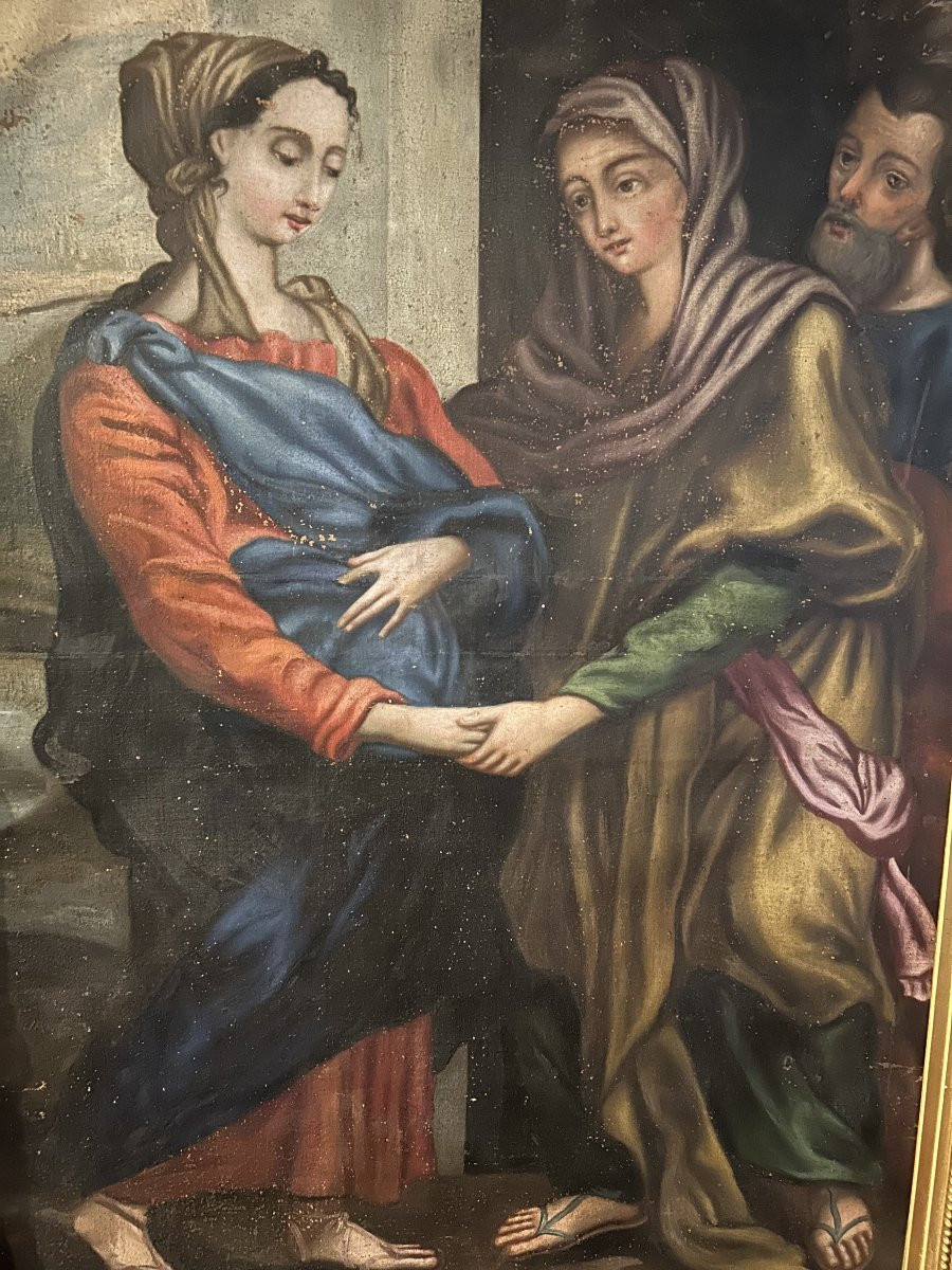 Olio su tela Francese del XVII secolo La Madonna In Cinta con personaggi-photo-2