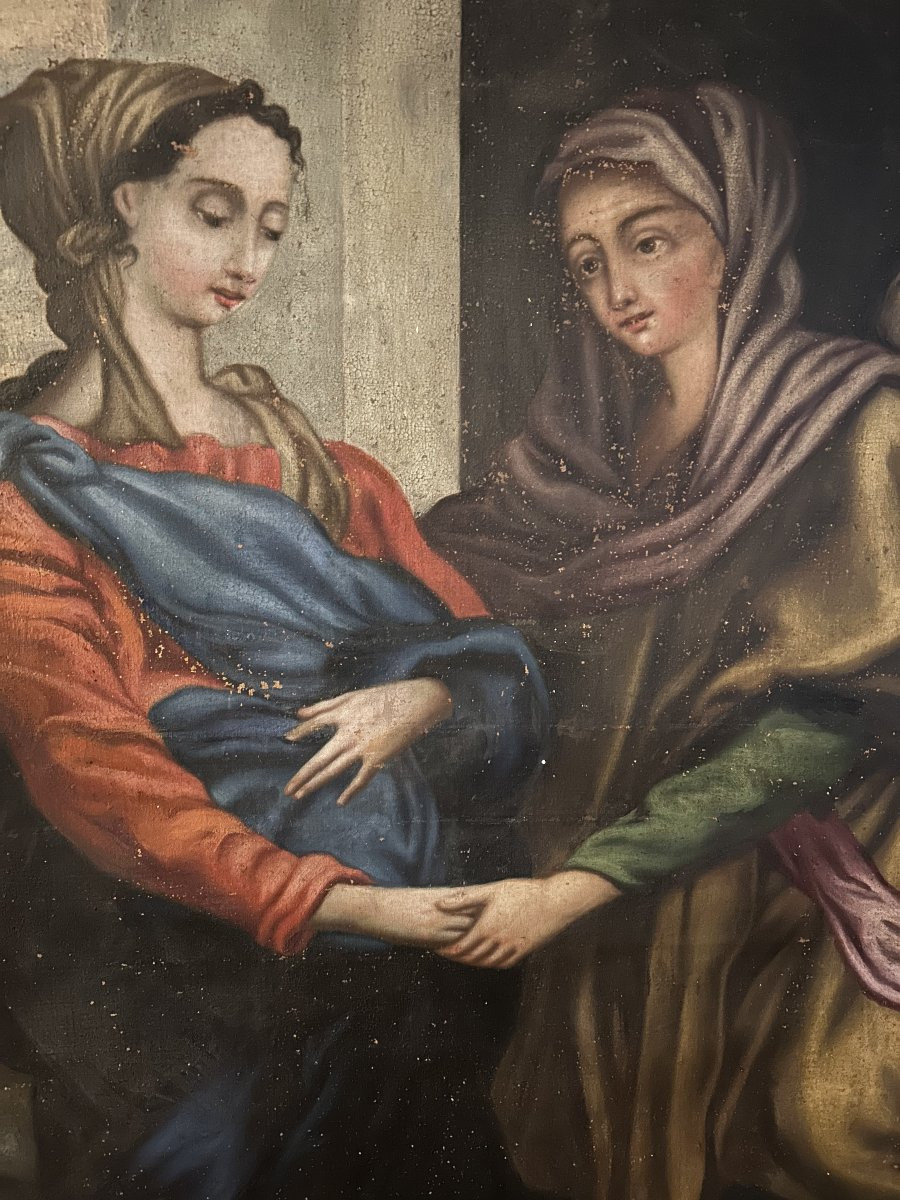 Olio su tela Francese del XVII secolo La Madonna In Cinta con personaggi-photo-3