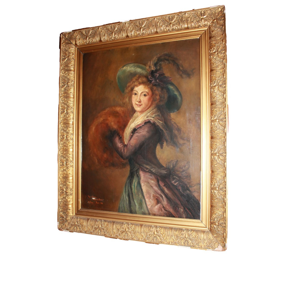 Olio su Tela raffigurante Giovane Dama con Cappello Firmato 1908