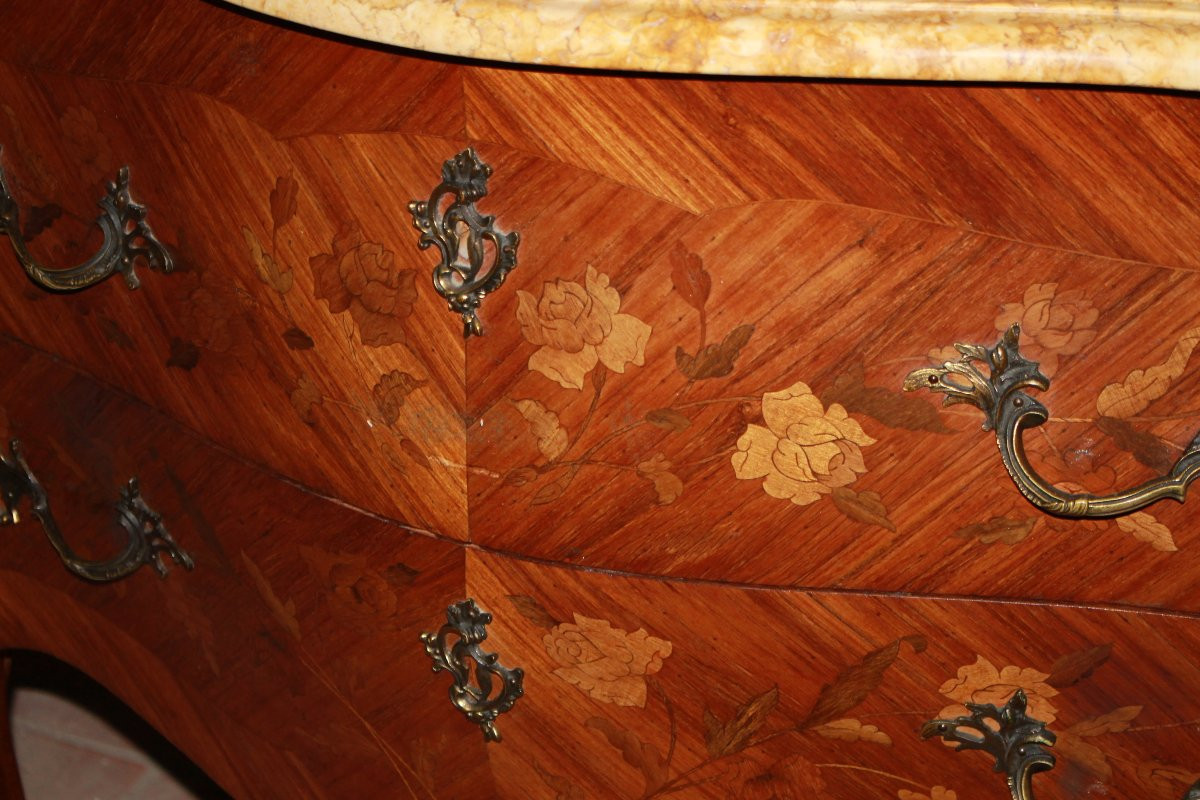 Cassettone Francese Stile Luigi XV del 1800 Con Marmo e Intarsi-photo-2