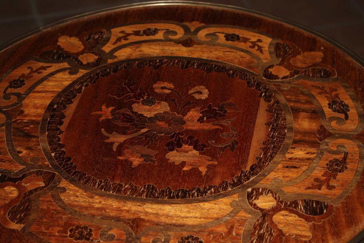 Tavolino Circolare Gueridon Francese stile Luigi XV del 1800 intarsiato-photo-3