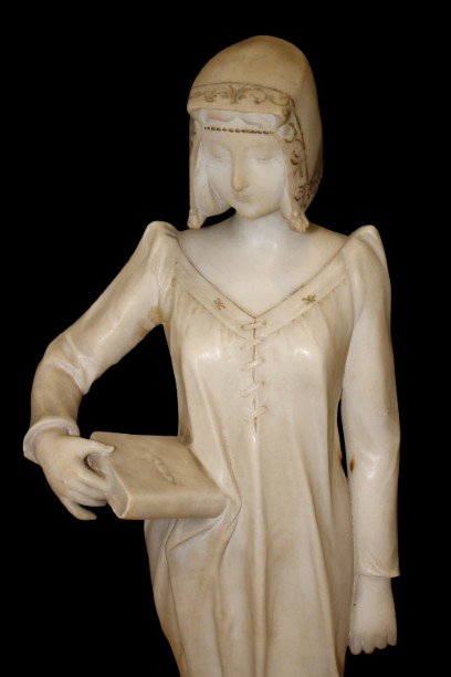 Scultura in Marmo Bianco Dama con Libro XIX secolo-photo-3