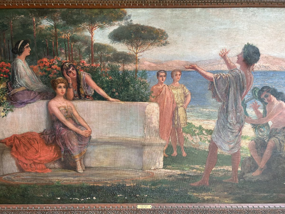 Grande Olio su tela Liberty di inizio 900 Raffigurante Personaggi in Giardino-photo-2